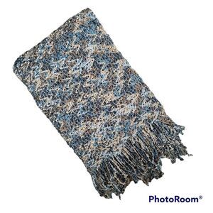 Chenille Woven Knit Open Weave Throw Blanket Chevron Pattern With Fringe Ocean